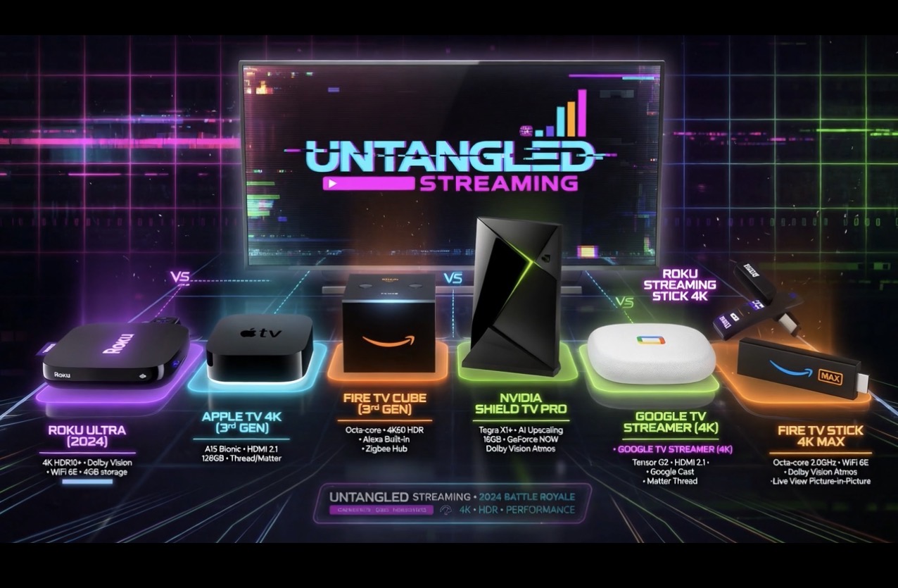 Untangled Streaming — every major streaming device compared side-by-side (Roku Ultra, Apple TV 4K, Fire TV Cube, Nvidia Shield Pro, Google TV Streamer, Roku Streaming Stick 4K, Fire TV Stick 4K Max)