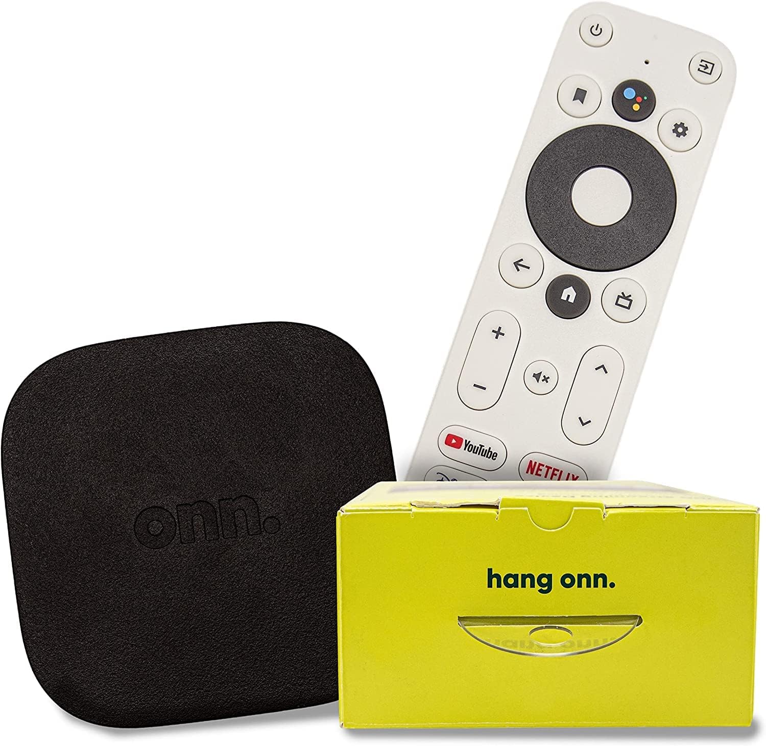 Onn 4K Pro — black puck-style box, voice remote, and retail box