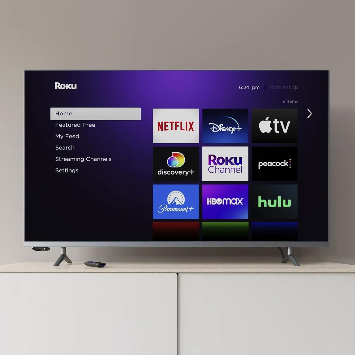 Roku home screen on a 4K TV